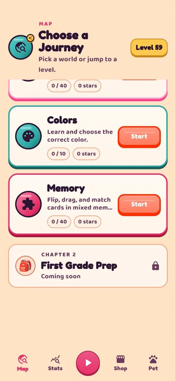 PIXEL-LEARN learning journey map with colors, memory and first grade preparation
