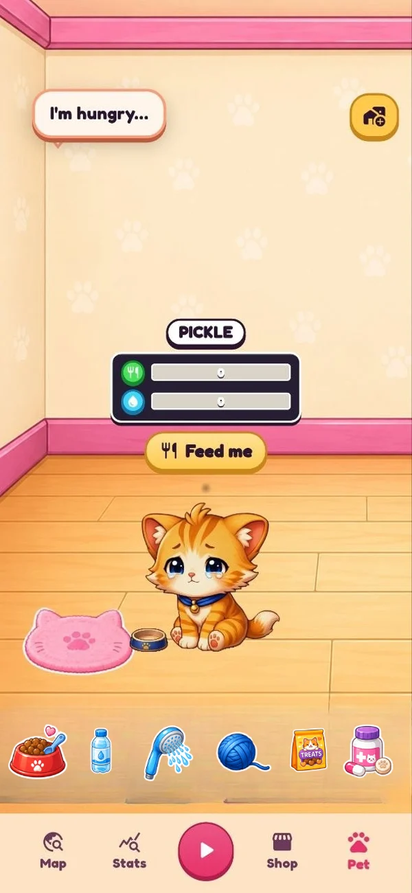 PIXEL-LEARN digital pet care screen where children feed and care for Pickle the cat